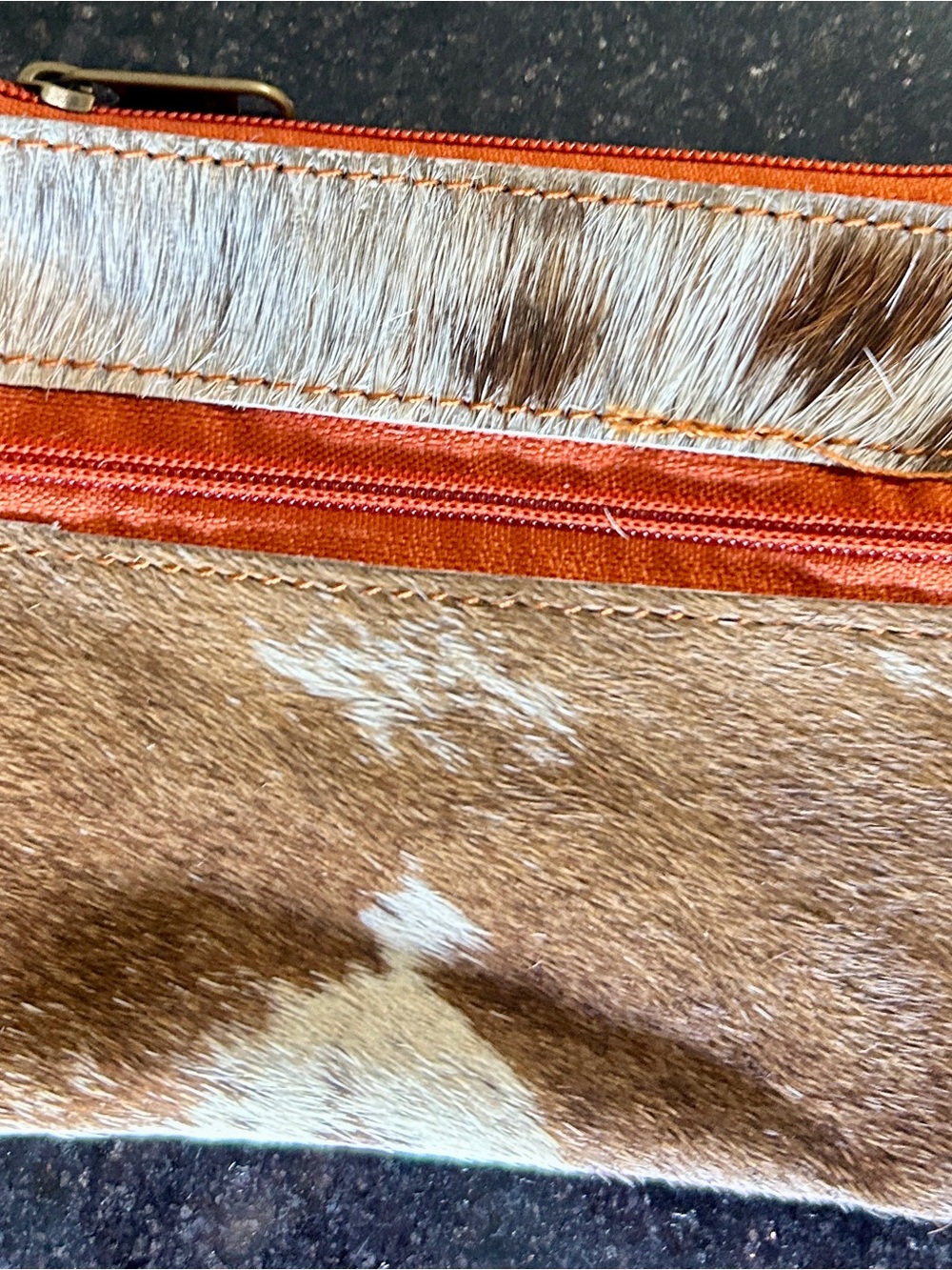 Haircalf Zip coin pouch in Brown, White and Orange Trim